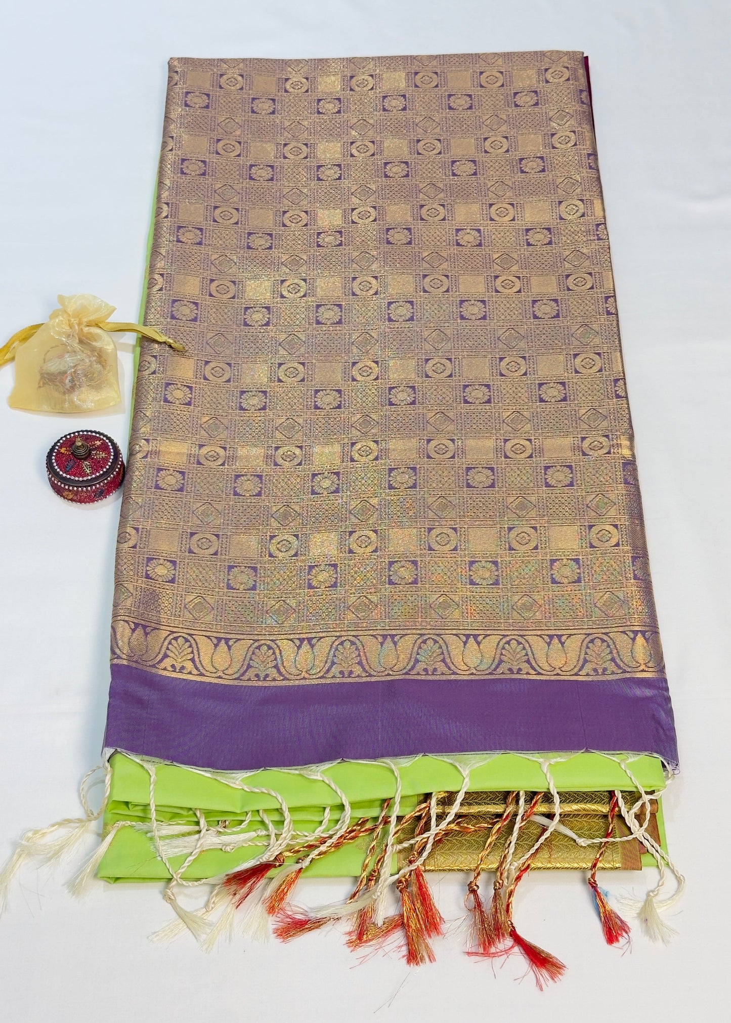 Pure soft silk light green saree with violet pallu