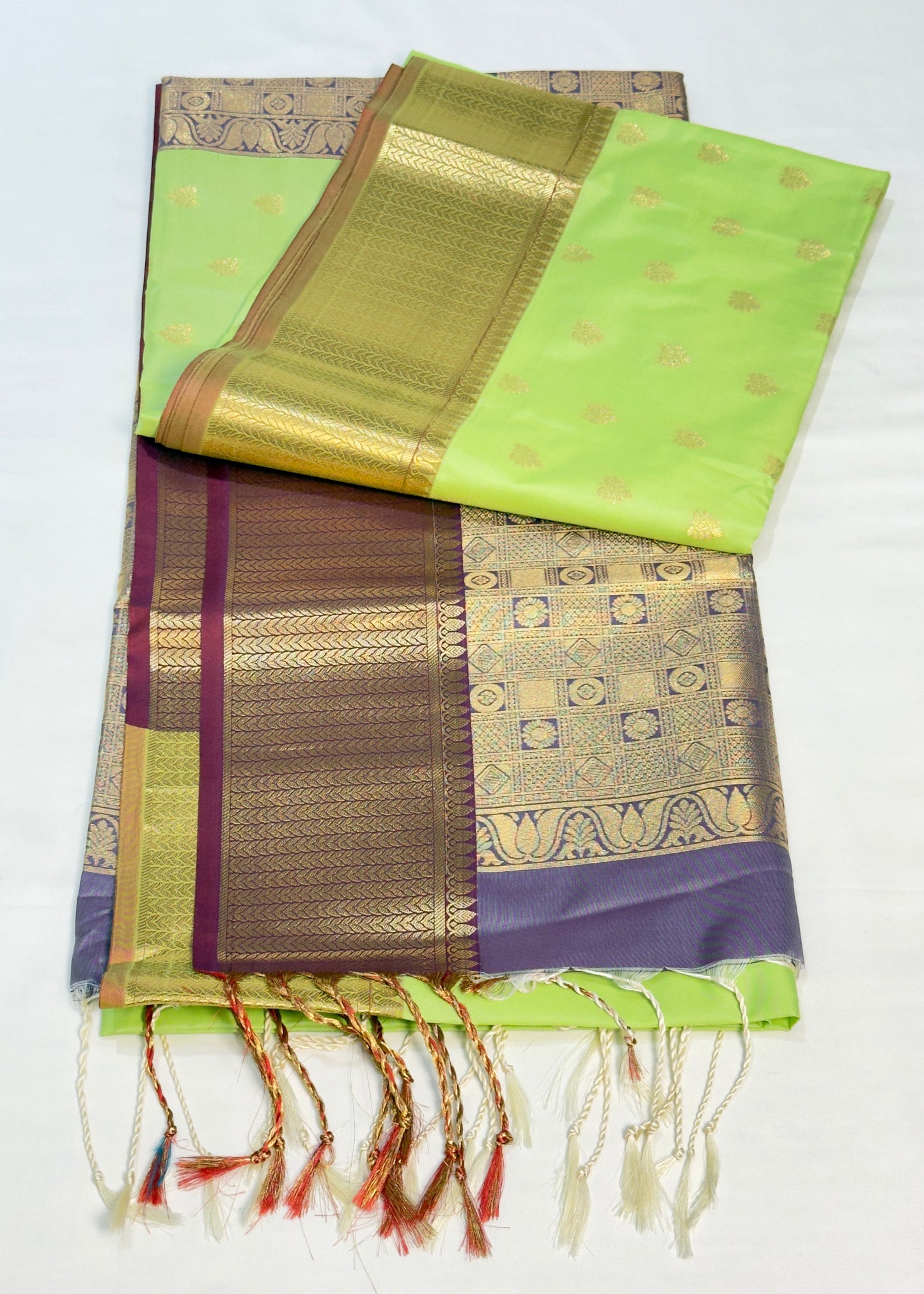 Pure soft silk light green saree with violet pallu